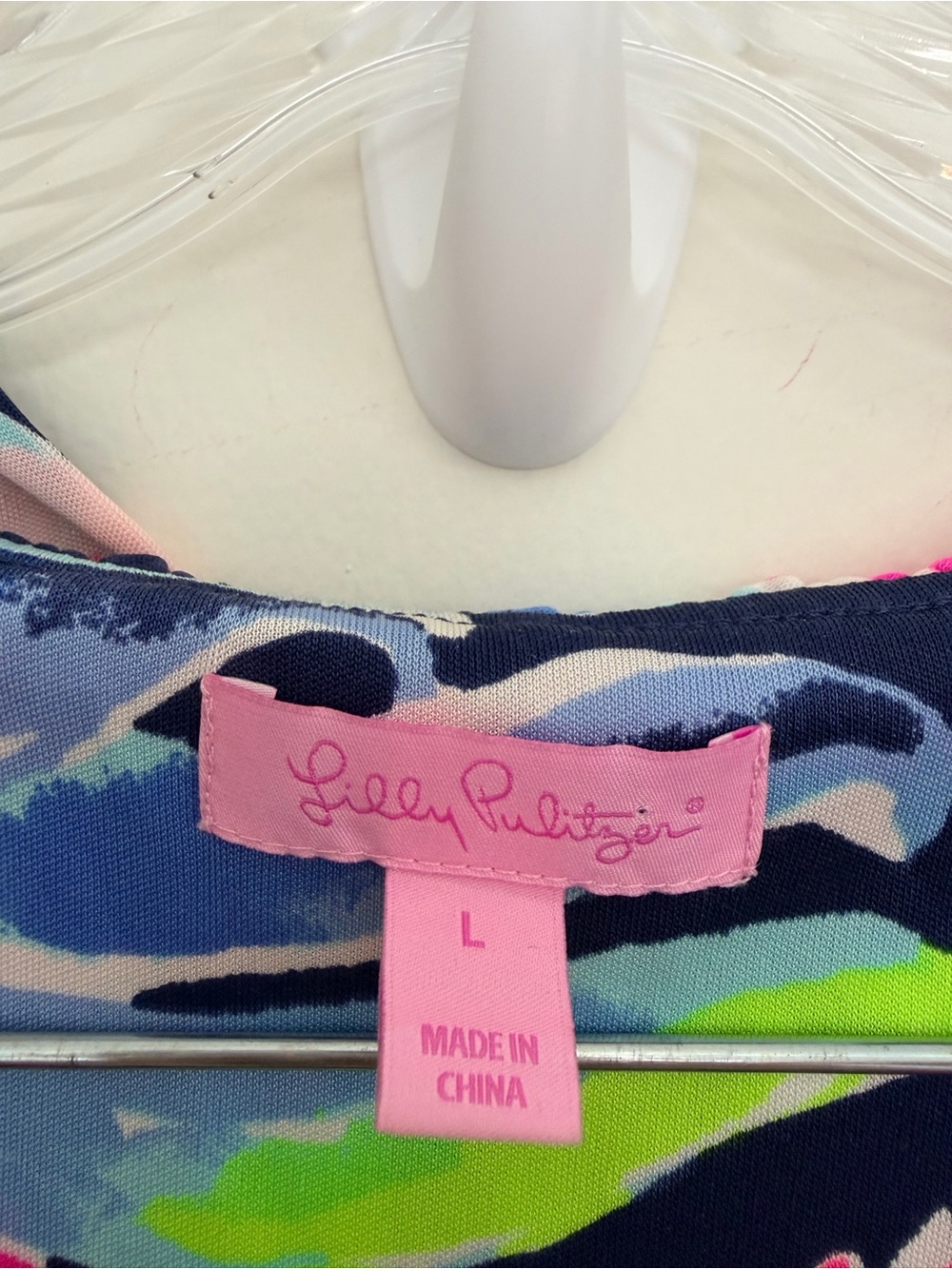 LILLY PULITZER CLARE SILK JERSEY Dress Vibrant Floral Ruffle Neck Pink & Navy L - Picture 4 of 8